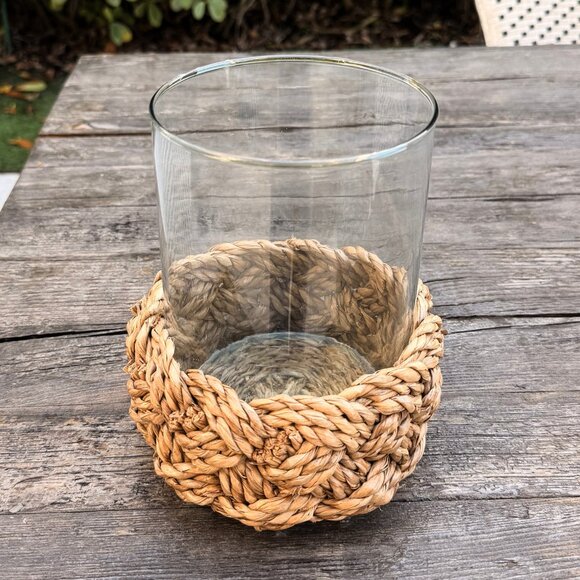 Large Woven Wicker Basket Base Hurricane Candle Holder Vase Natural Decor - Picture 2 of 6